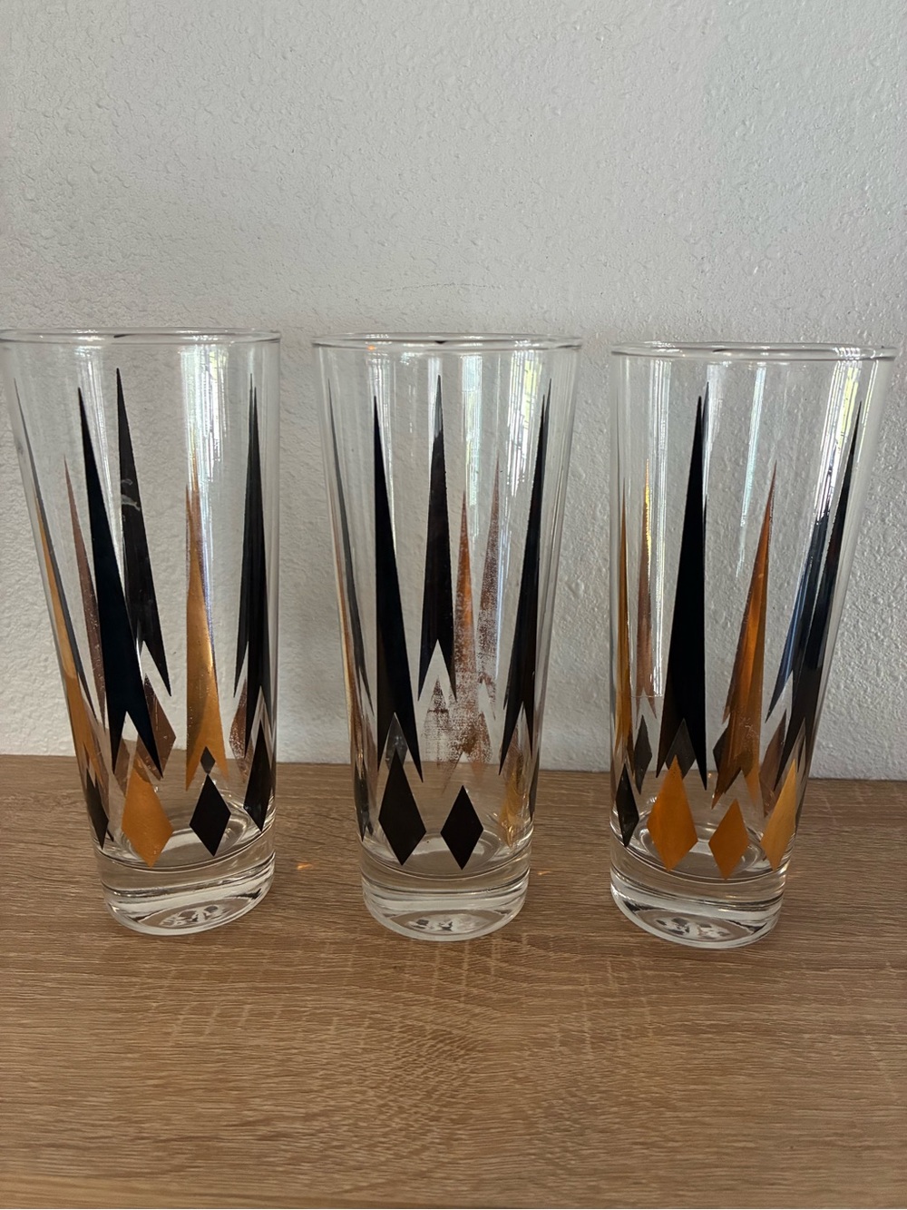 Vintage Anchor Hocking MCM Atomic  Peaks Black Gold Highball Glasses Set of 3